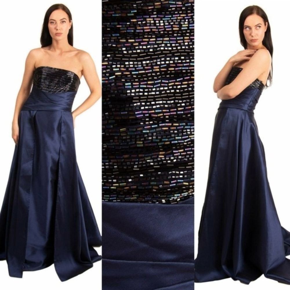 Mikael Aghal Womens‎ 8 Medium Navy Blue Beaded Evening Gown Ballgown NWT $1099